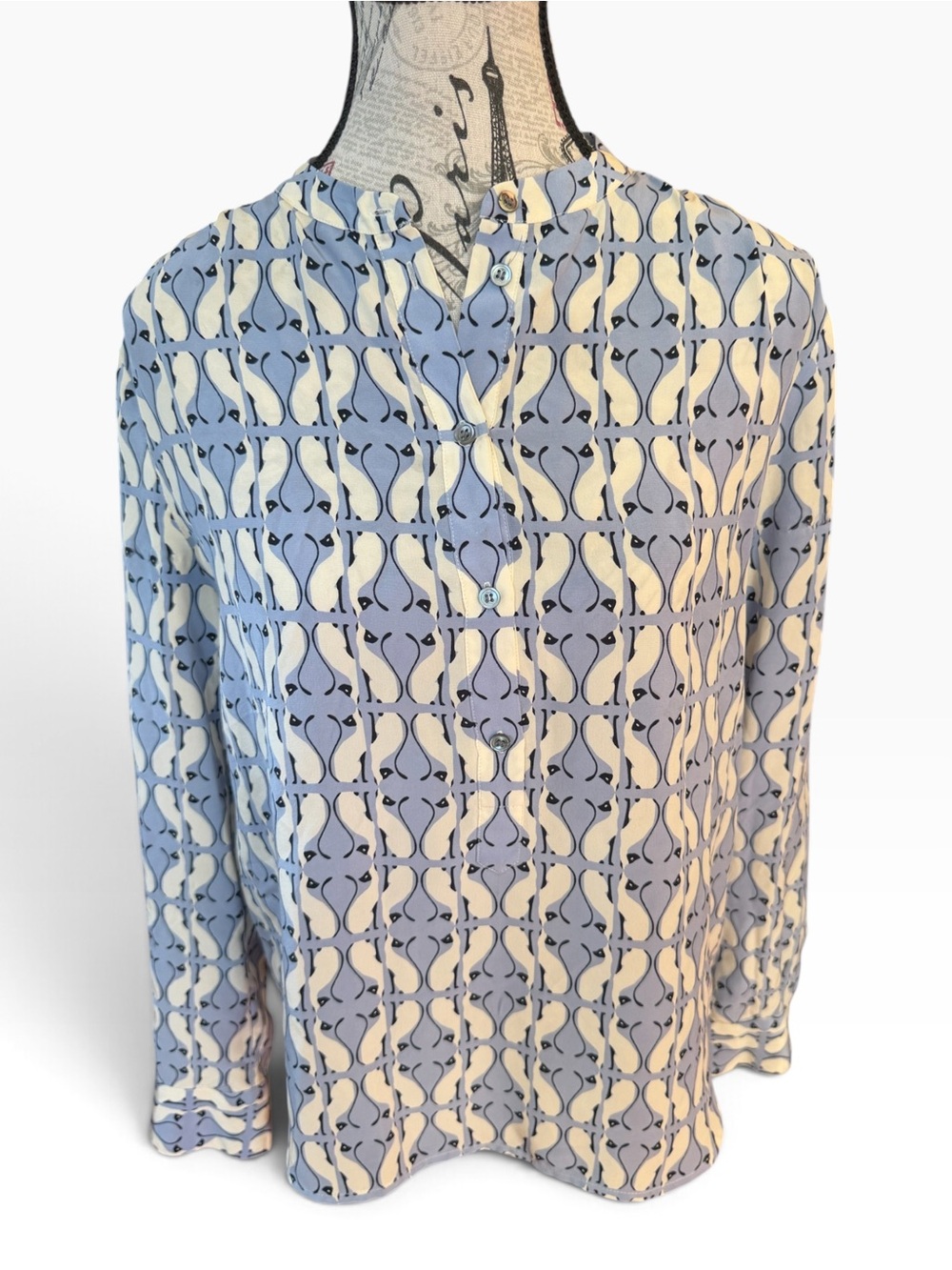 J.Crew 100% Silk Siamese Cat Print Popover Blouse Blue Size 0